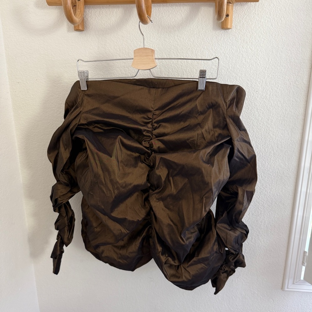 JS COLLECTION brown off the shoulder ruched draped blouse long sleeves steampunk - Picture 2 of 7